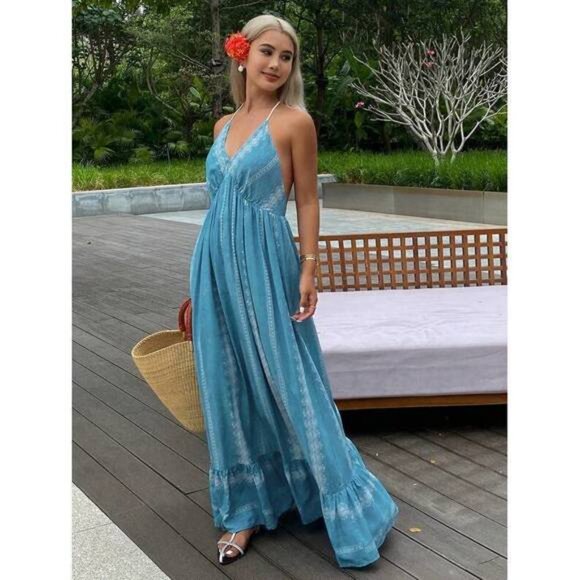 New Floral Print Spaghetti Strap Backless Ruffled Dress For Women, Summer Resor - Picture 6 of 7